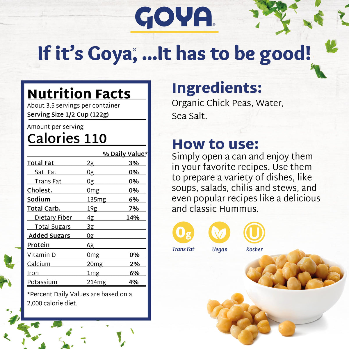Goya Organic Chick Peas served dish showcases creamy texture for bowls.