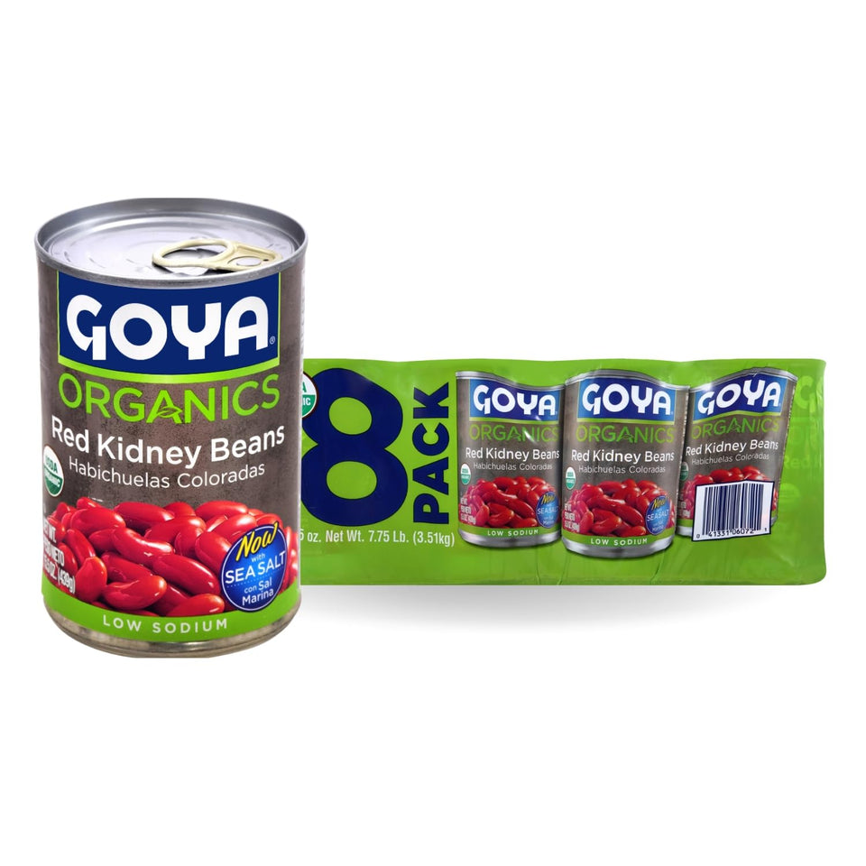 Goya Organic Red Kidney Beans can, ideal for chili and salads, rich in fiber and protein.