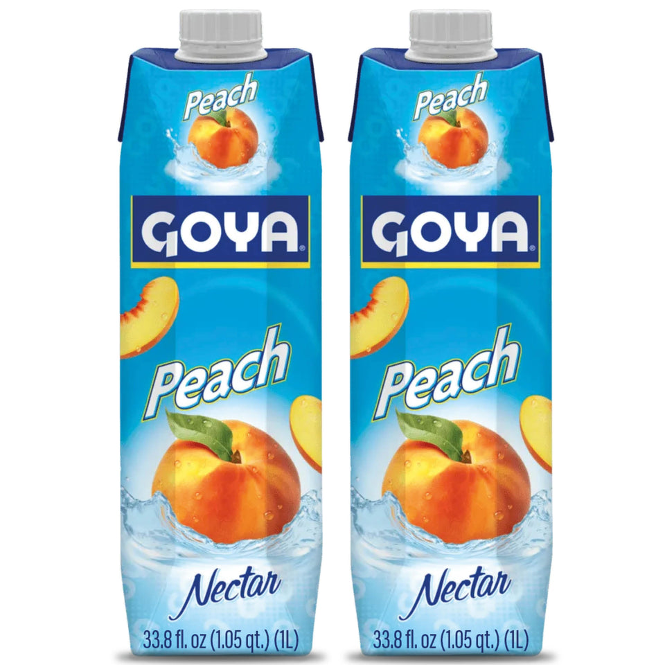 Goya Peach Nectar bottle pour highlighting ripe peaches for refreshing drinks
