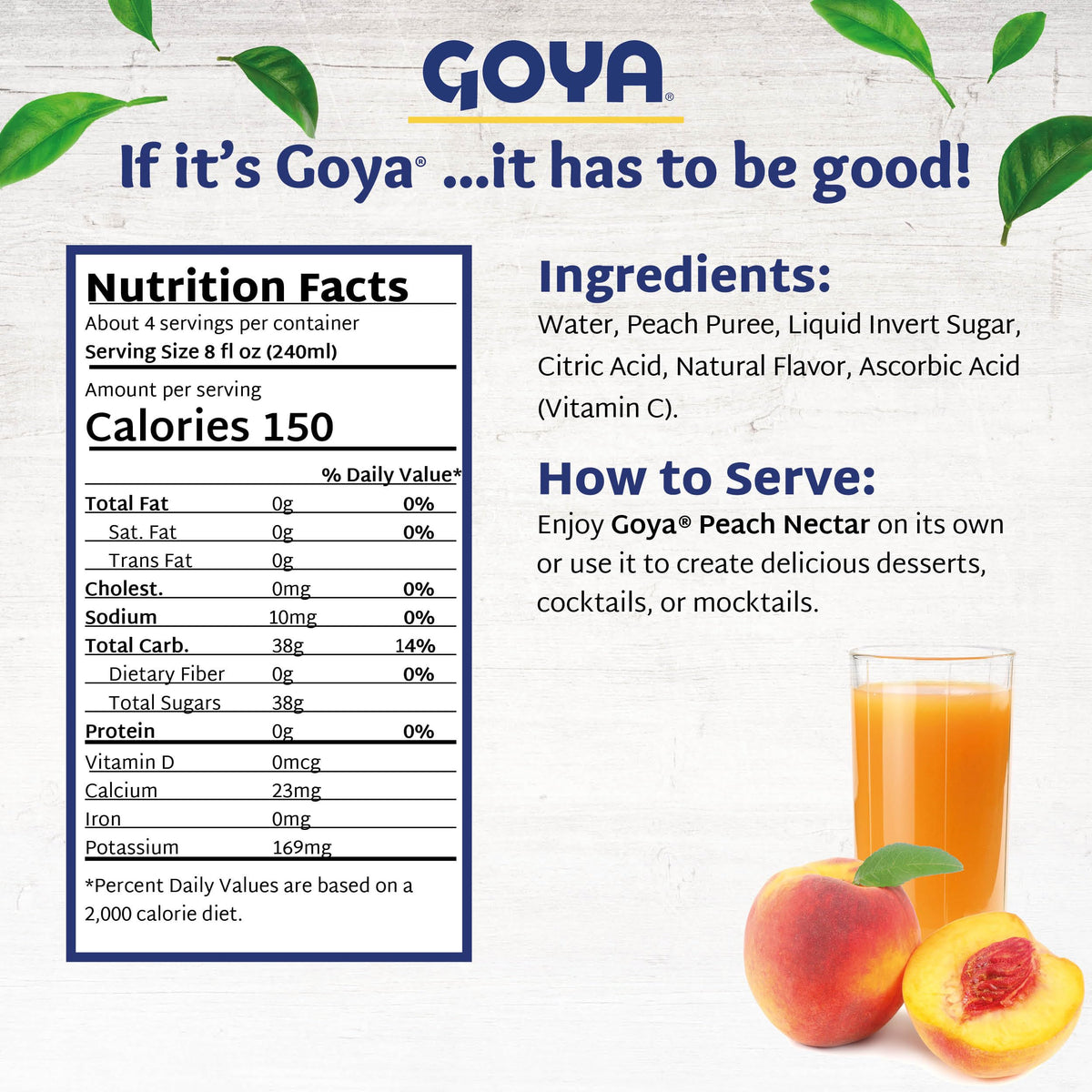 Goya Peach Nectar fridge-ready bottle on shelf for quick flavor