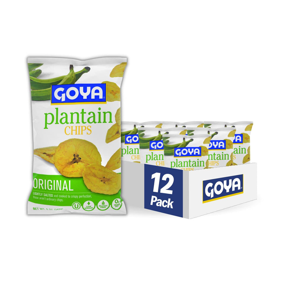 Goya Plantain Chips Original, crispy gluten-free snack ideal for salsa and guacamole.