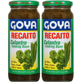 Goya Recaito bottle pour showing quick, flavorful Latin seasoning.
