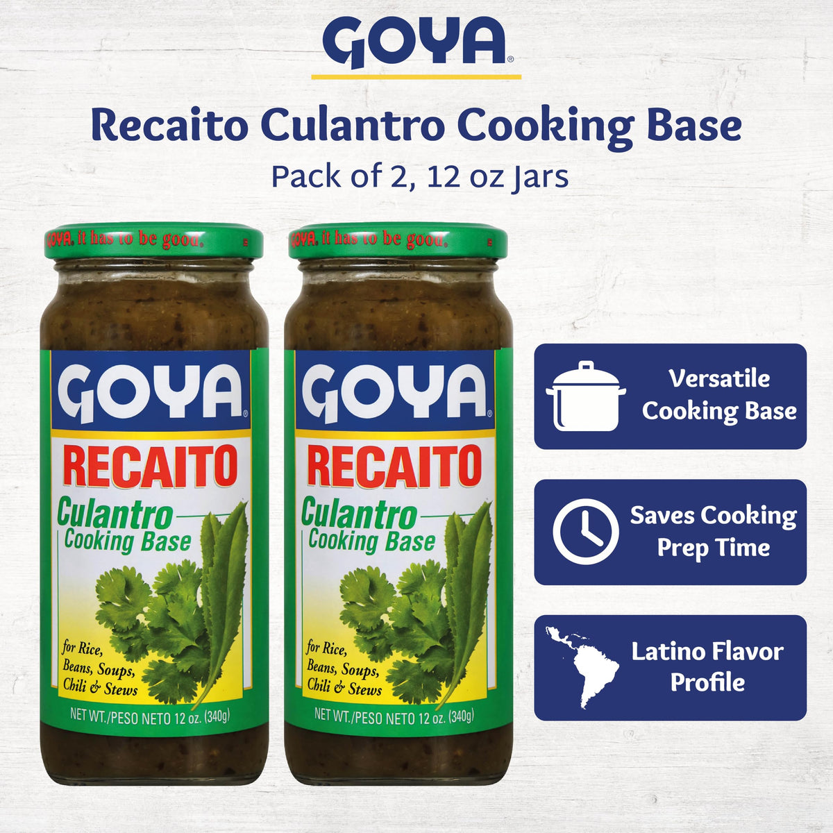 Goya Recaito jar closeup highlighting cilantro-based base for soups and stews.