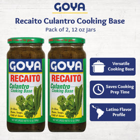 Goya Recaito jar closeup highlighting cilantro-based base for soups and stews.