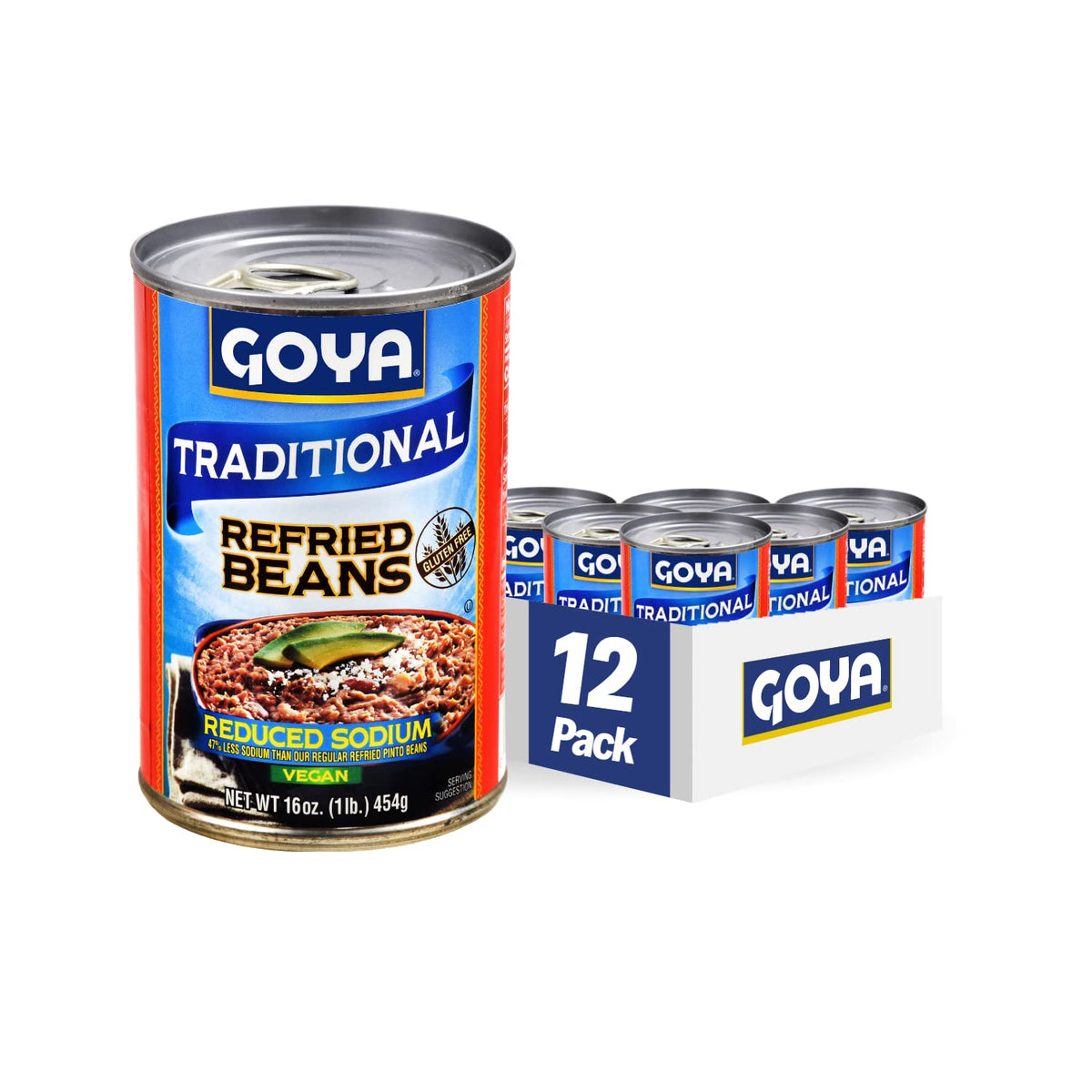 Goya reduced-sodium refried pinto beans in a 16 oz can for quick flavorful Mexican meals.