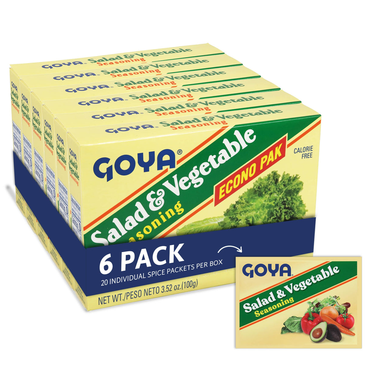 Goya Salad and Vegetable Seasoning front view enhances fresh greens with vibrant Latin flavor