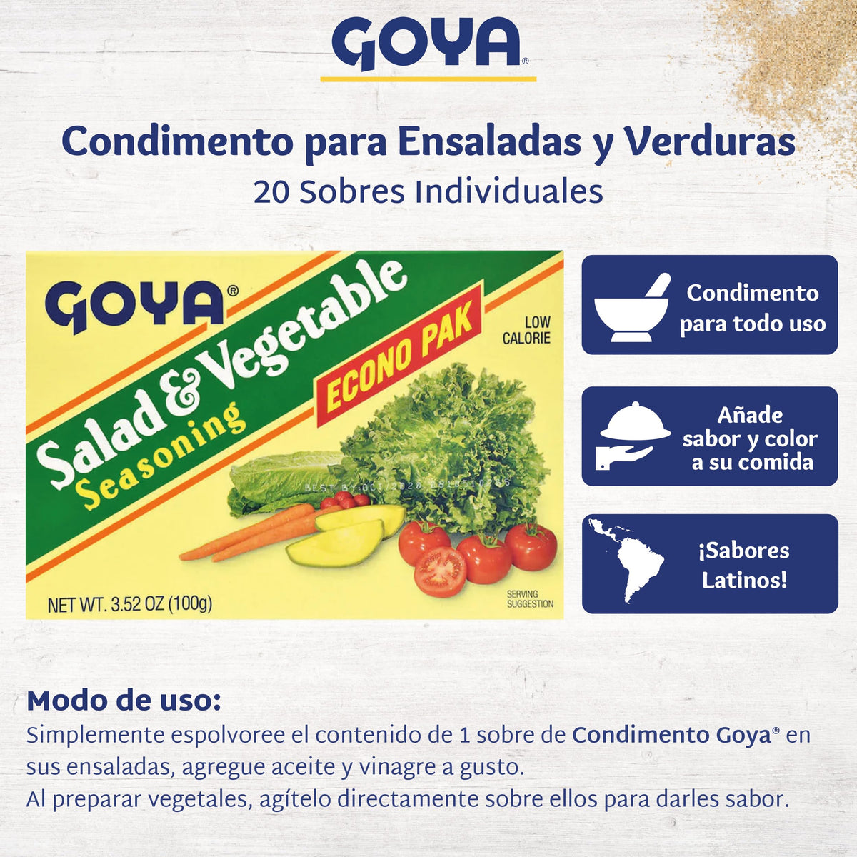 Goya jar closeup showing Latin-inspired spices for vegetables