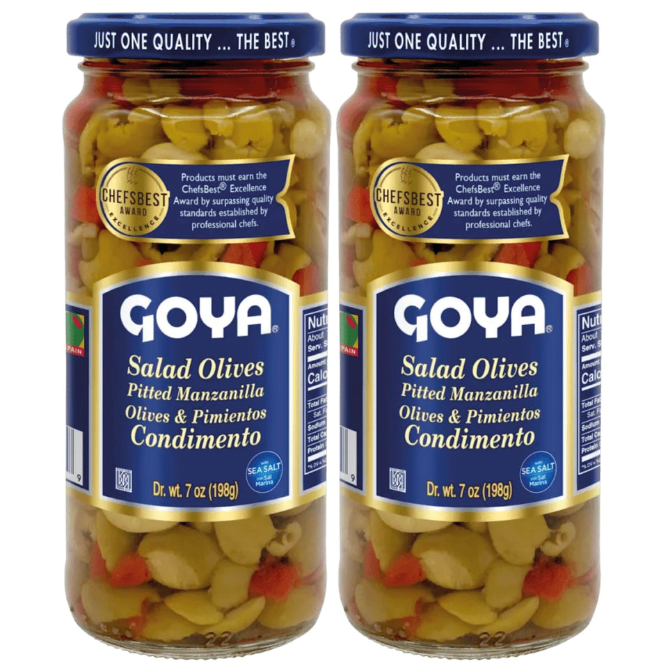 Goya salad olives with pitted Manzanilla offer bold, tangy flavor for salads.