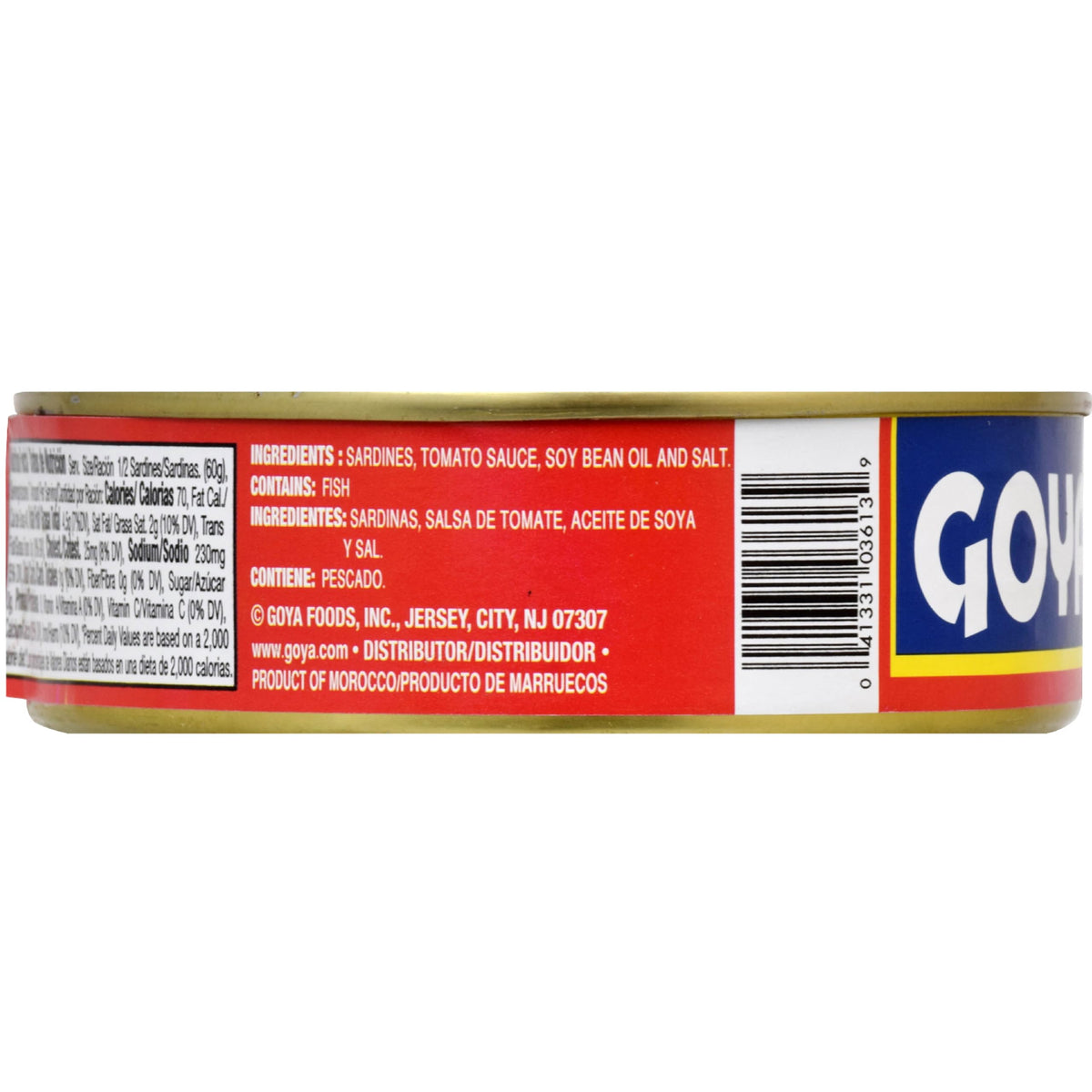 Goya Sardines in Tomato Sauce open can closeup, bold flavor ready to serve.