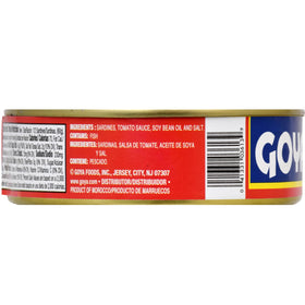 Goya Sardines in Tomato Sauce open can closeup, bold flavor ready to serve.