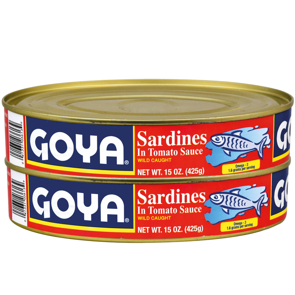 Goya Sardines in Tomato Sauce pack front, ready-to-eat pantry staple.