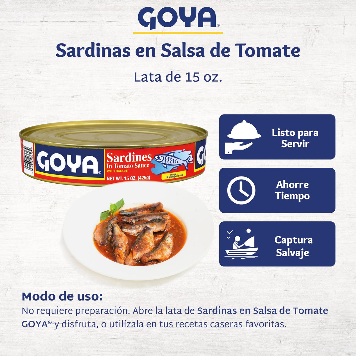 Goya Sardines in Tomato Sauce on pasta bowl, savory topping option.