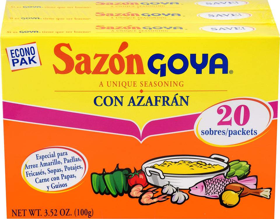 Goya Sazón Azafrán box pack boosts authentic color in Latino dishes.