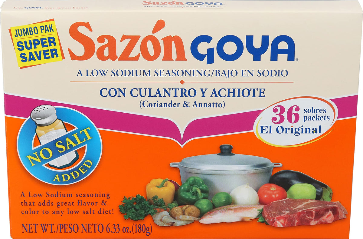 Goya Sazon coriander and annatto seasoning bottle for vibrant flavor and color in meals.