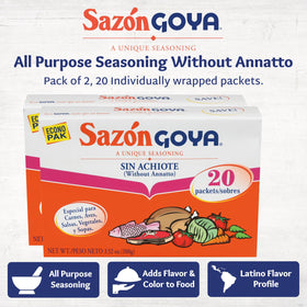 Goya Sazón seasoning for seafood highlights garlic and onion aroma.