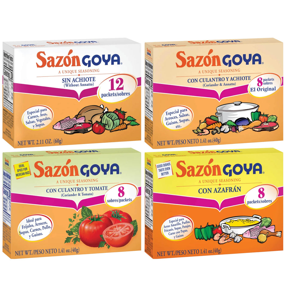 Goya Sazon 4-pack Culantro and Achiote enhances color and aroma in Latin dishes.