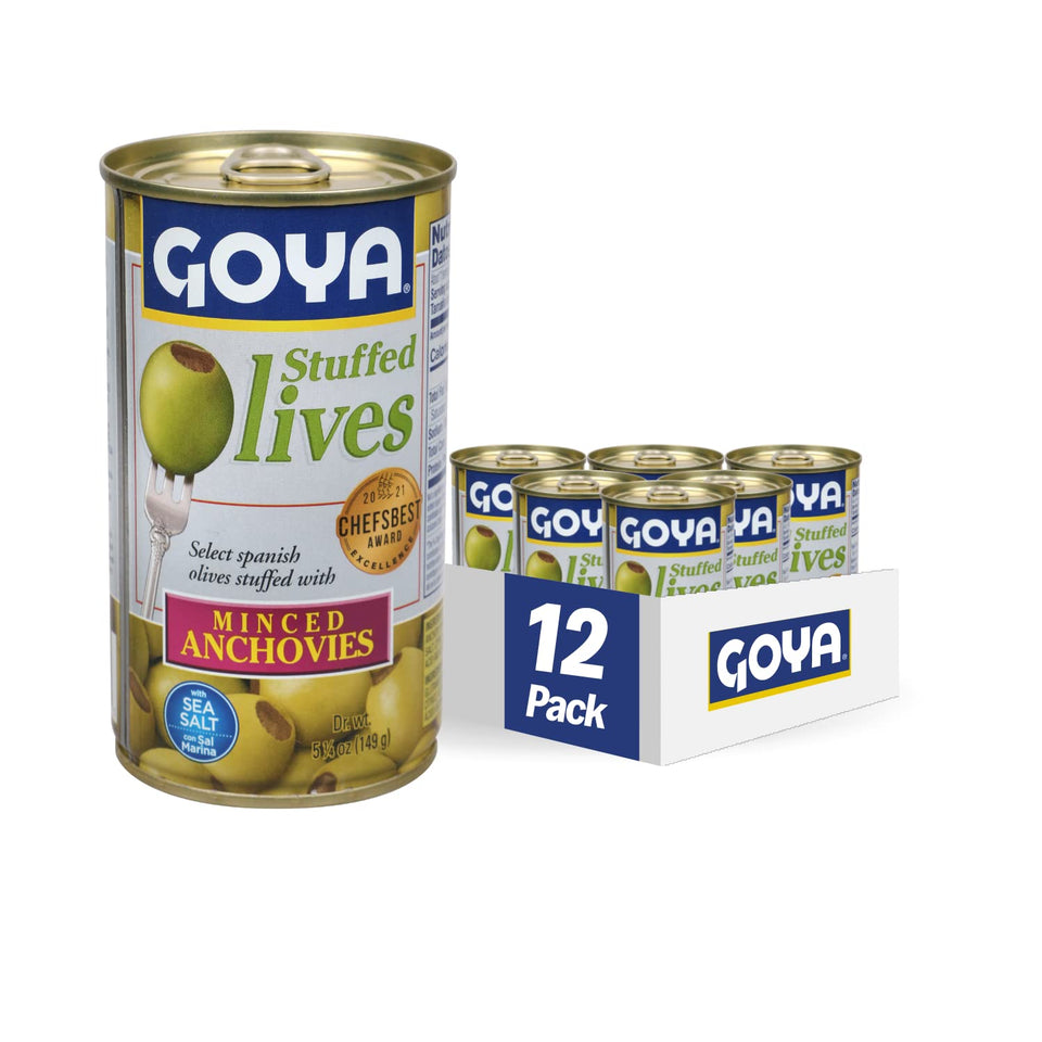 Goya stuffed olives with minced anchovies on a platter for appetizers.
