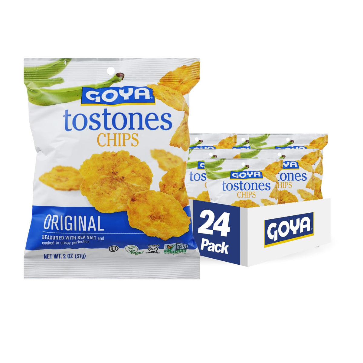 Goya Tostones Chips original 2oz pack, ideal for dipping in salsa or guacamole.