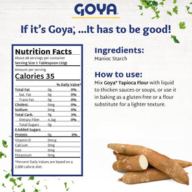 Goya Yuca Flour bag shown with bread, showcasing gluten-free baking versatility.