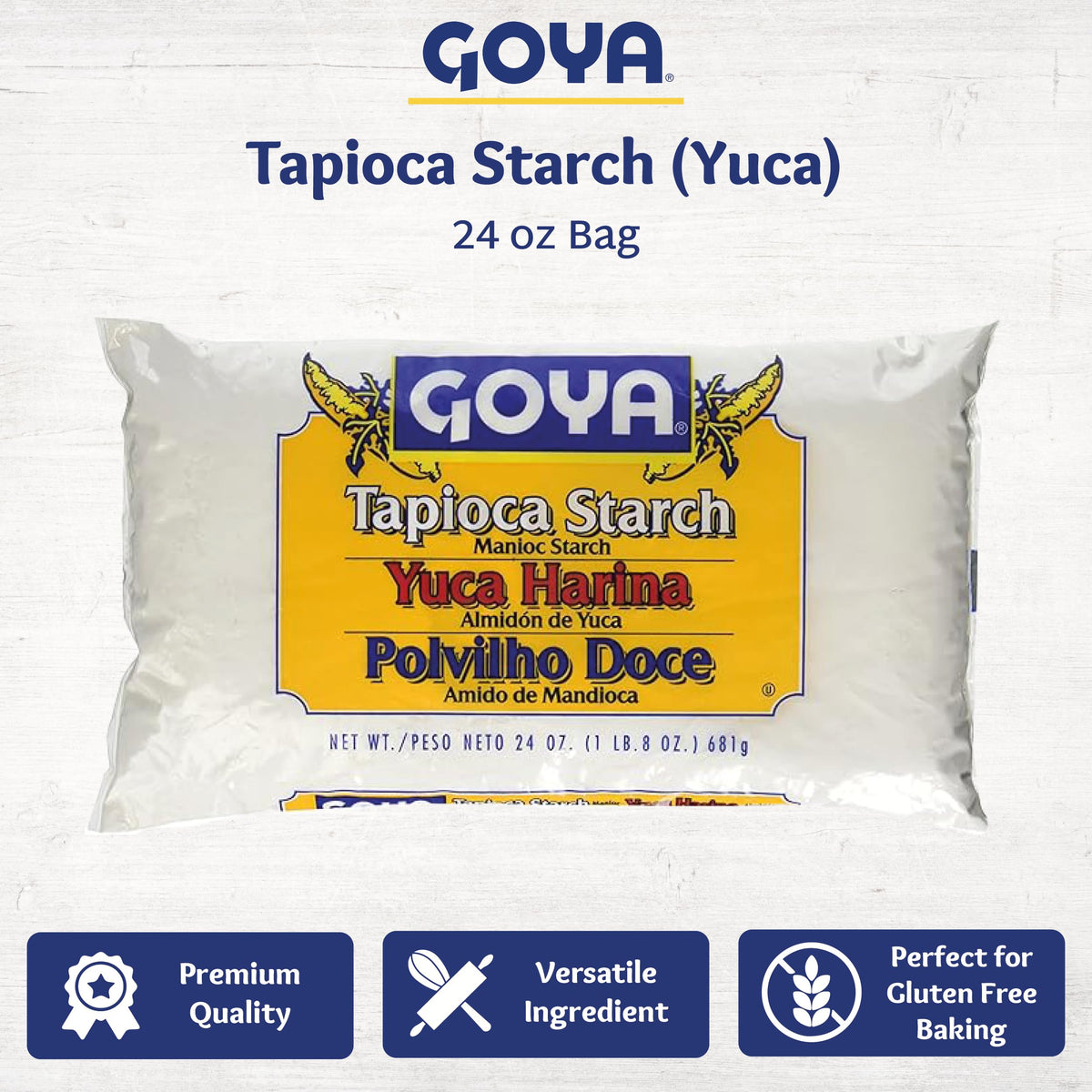 Goya Yuca Flour dust texture highlight, great for thickening sauces and batters.