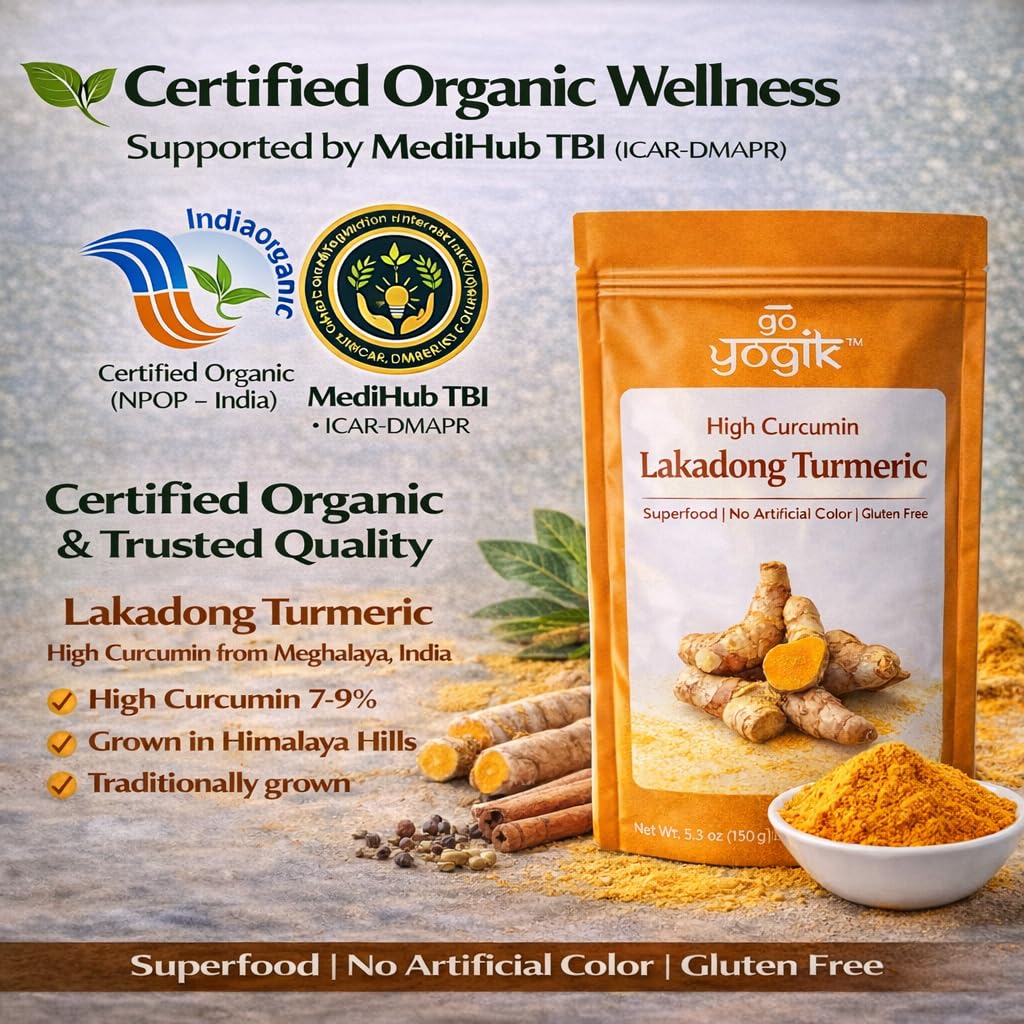 Go-Yogik Lakadong turmeric powder jar in a spice rack showcases deep golden hue.