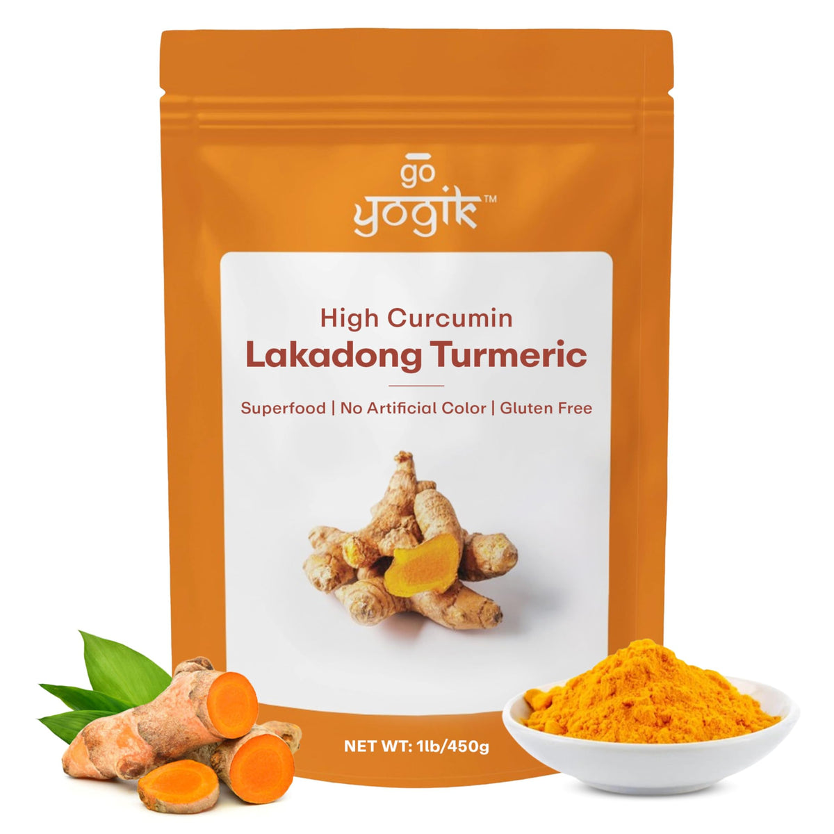 Go-Yogik Lakadong turmeric powder packaging shows vibrant color and purity for everyday cooking.
