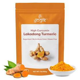 Go-Yogik Lakadong turmeric powder packaging shows vibrant color and purity for everyday cooking.