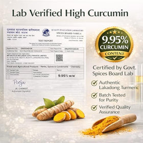 Go-Yogik Lakadong turmeric powder scoop demonstrates high curcumin potential in meals.