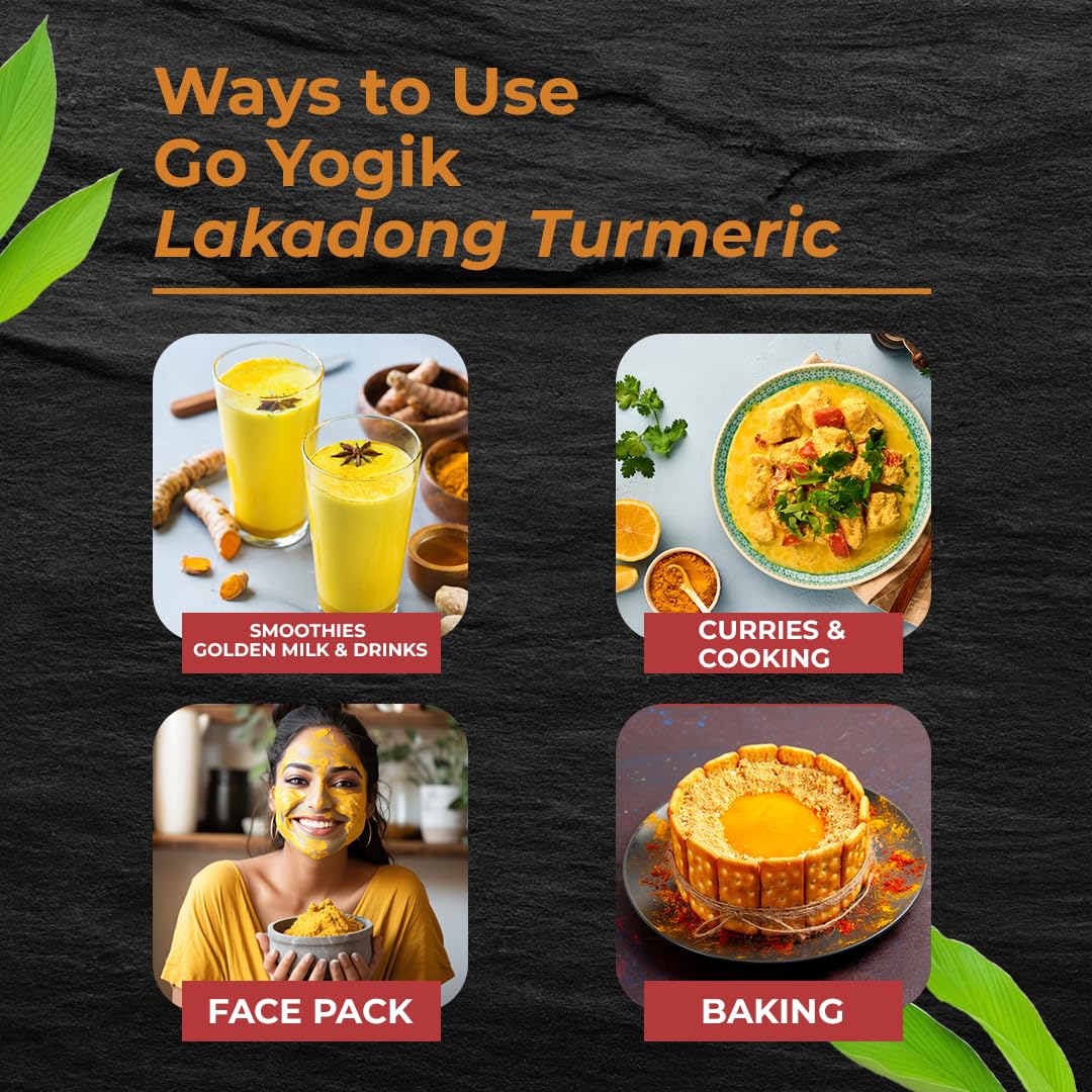 Go-Yogik Lakadong turmeric powder on kitchen counter ready for everyday use.