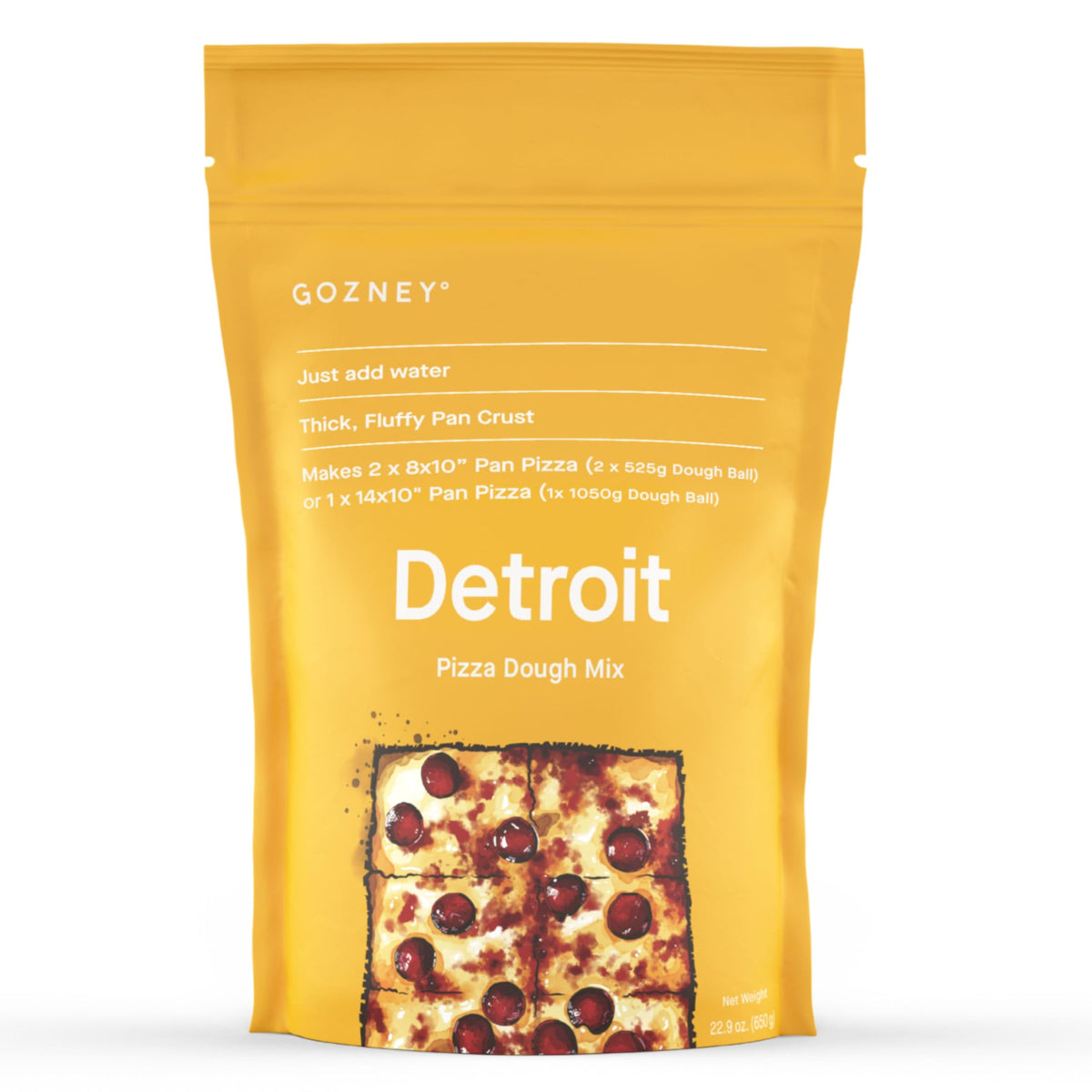 Gozney Detroit dough mix packaging, ready for quick pizza night prep.