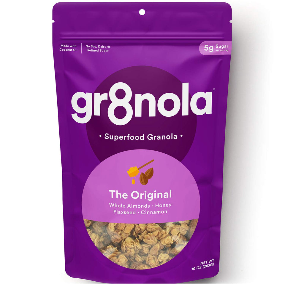 gr8nola THE ORIGINAL bag close-up, resealable freshness for anytime snacking