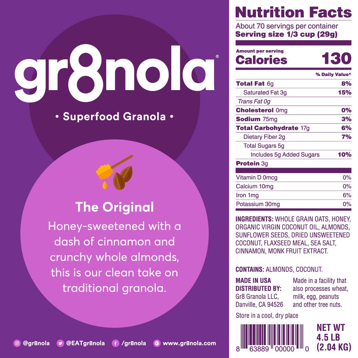 gr8nola The Original granola close-up showing crunchy almonds and flaxseed texture