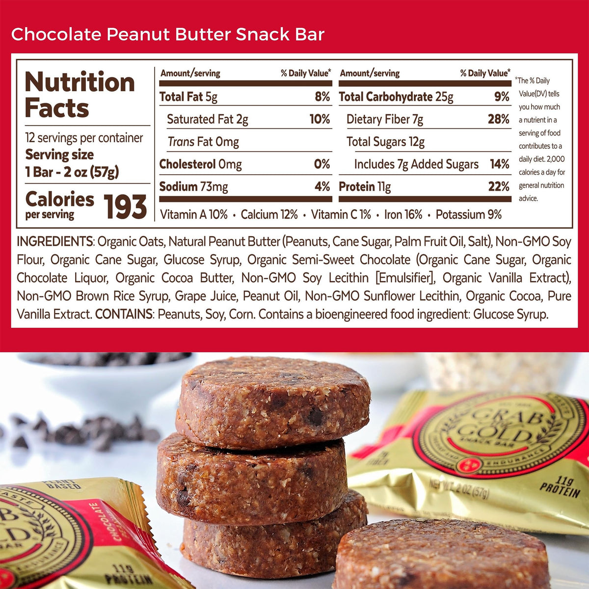 Grab The Gold vegan kosher certification badge with ingredients list