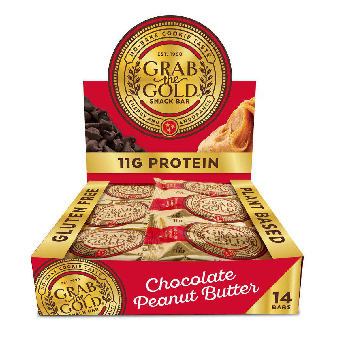 Grab The Gold bar packshot showing chocolate peanut butter flavor and clean ingredients.