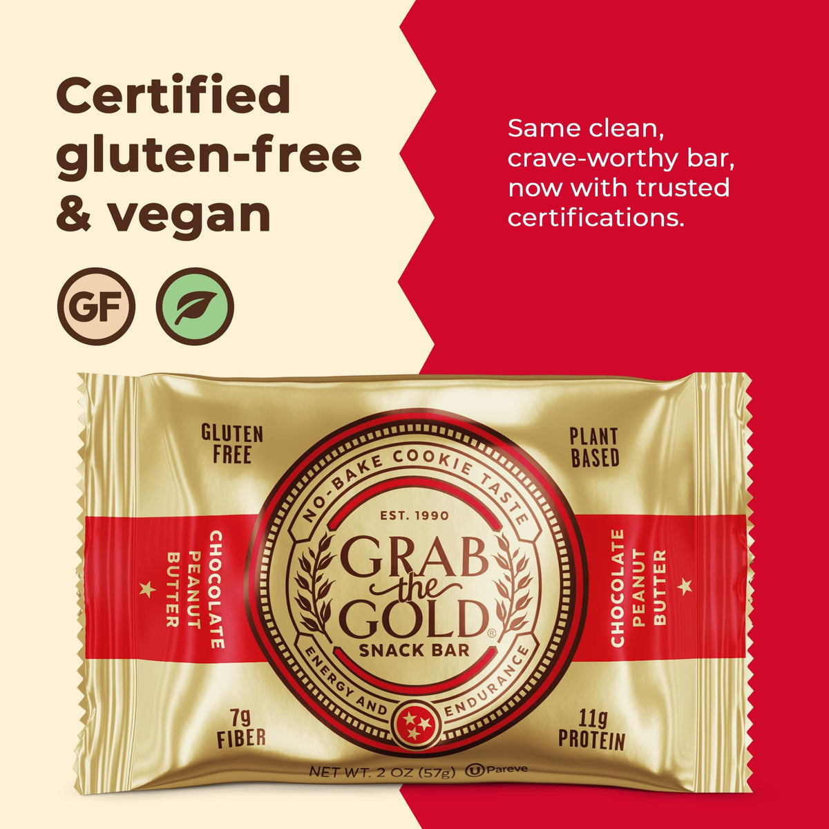 Grab The Gold bar slice reveals rich chocolate and peanut butter texture.