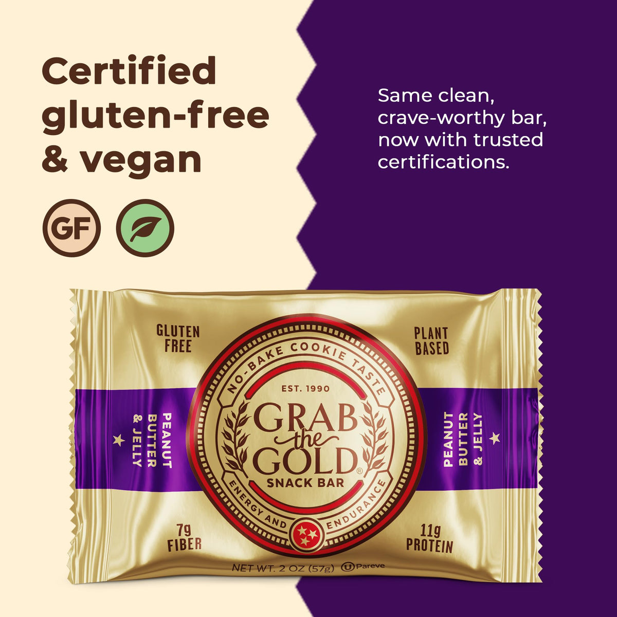 Grab The Gold bar cross-section shows creamy peanut butter and jelly flavors