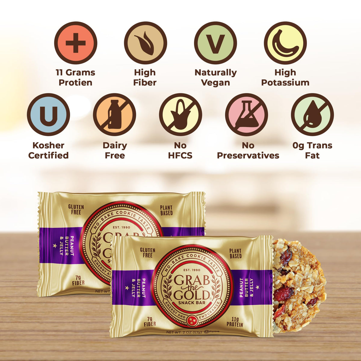 Grab The Gold gluten-free vegan bars in carton illustrate dietary-friendly snack