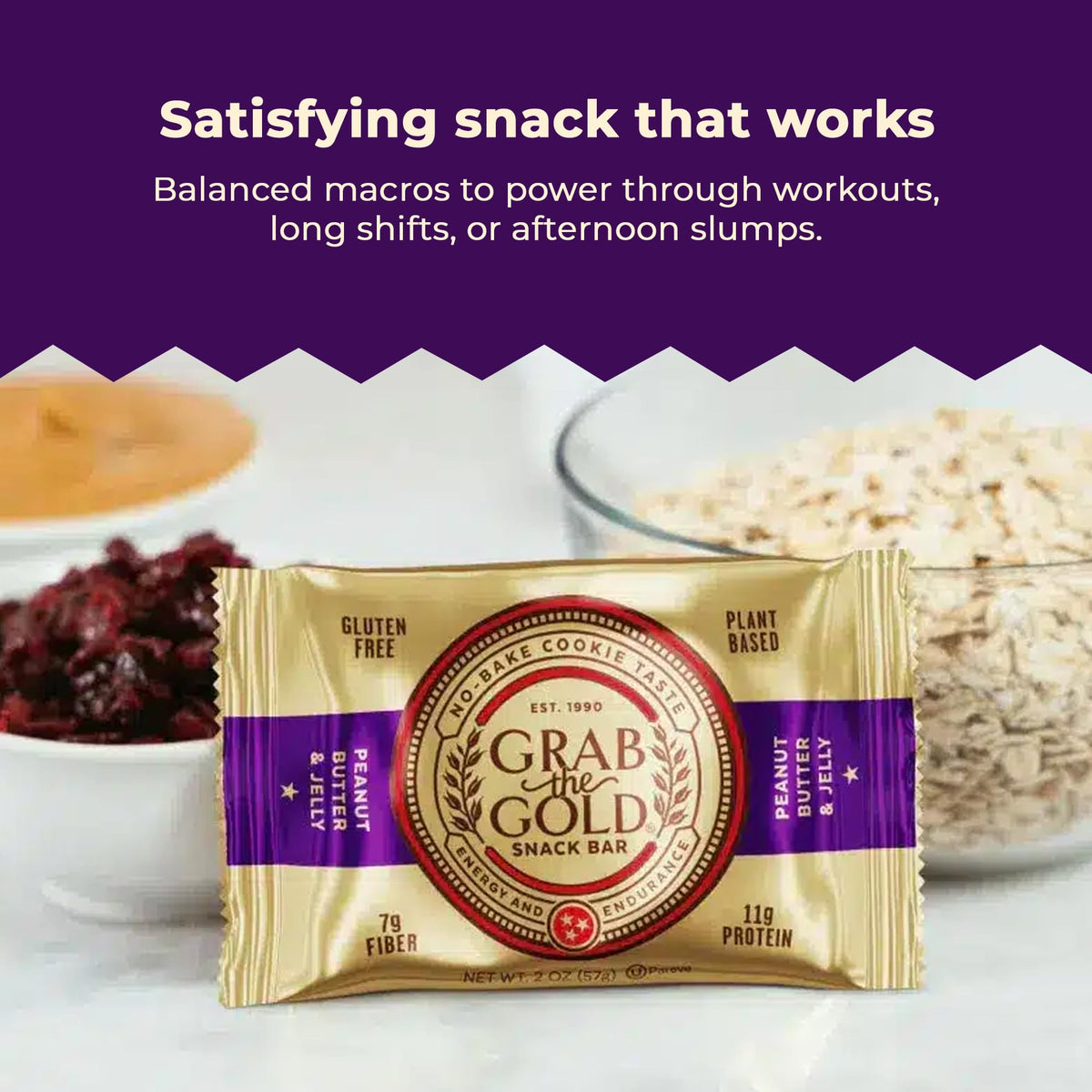 Grab The Gold organic oats and cranberries image emphasizes wholesome ingredients