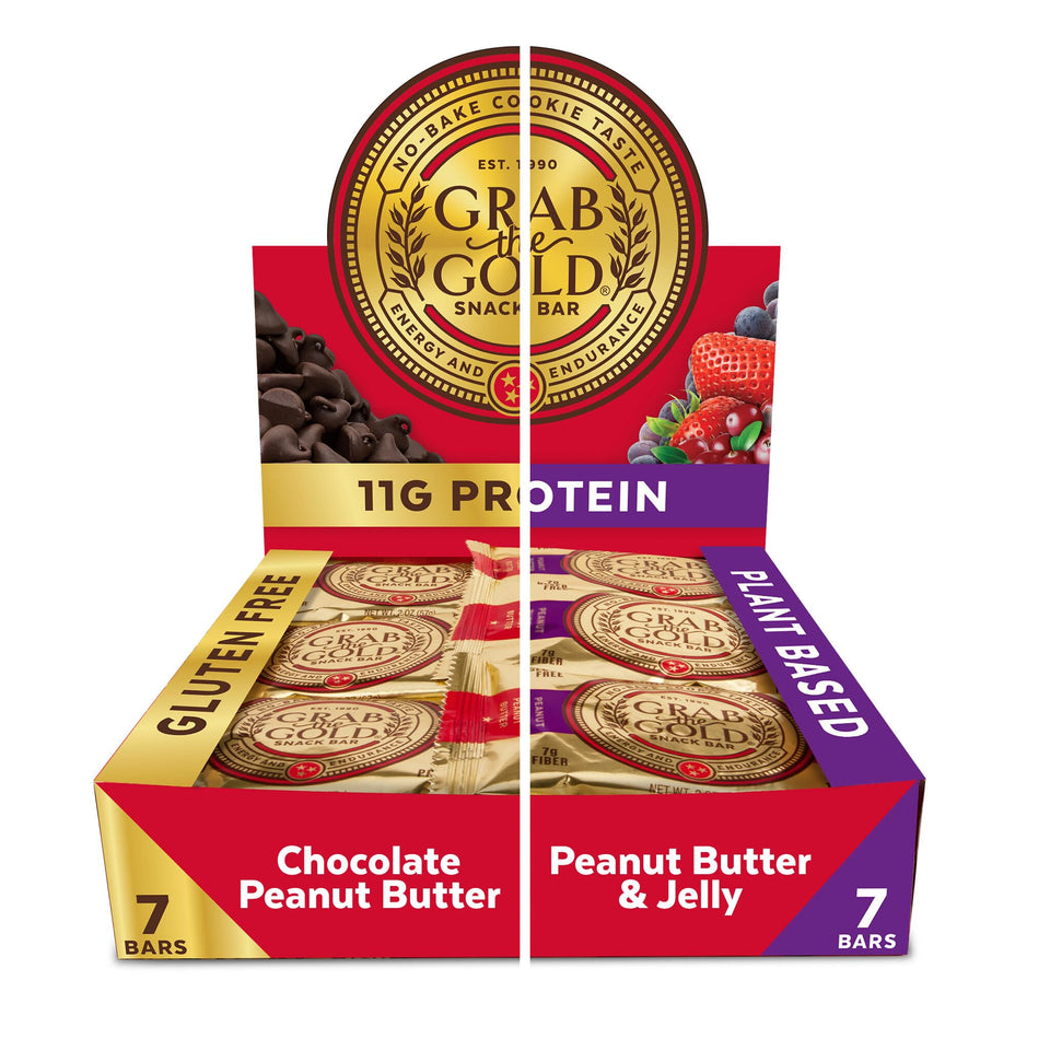 Grab The Gold protein bar variety pack chocolate peanut butter close-up, pre-workout fuel