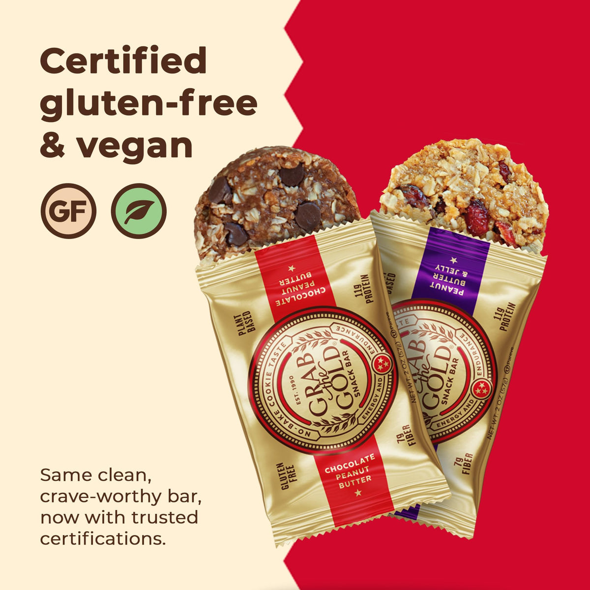 Grab The Gold PB&J bar close-up, chewy texture for post-workout recovery
