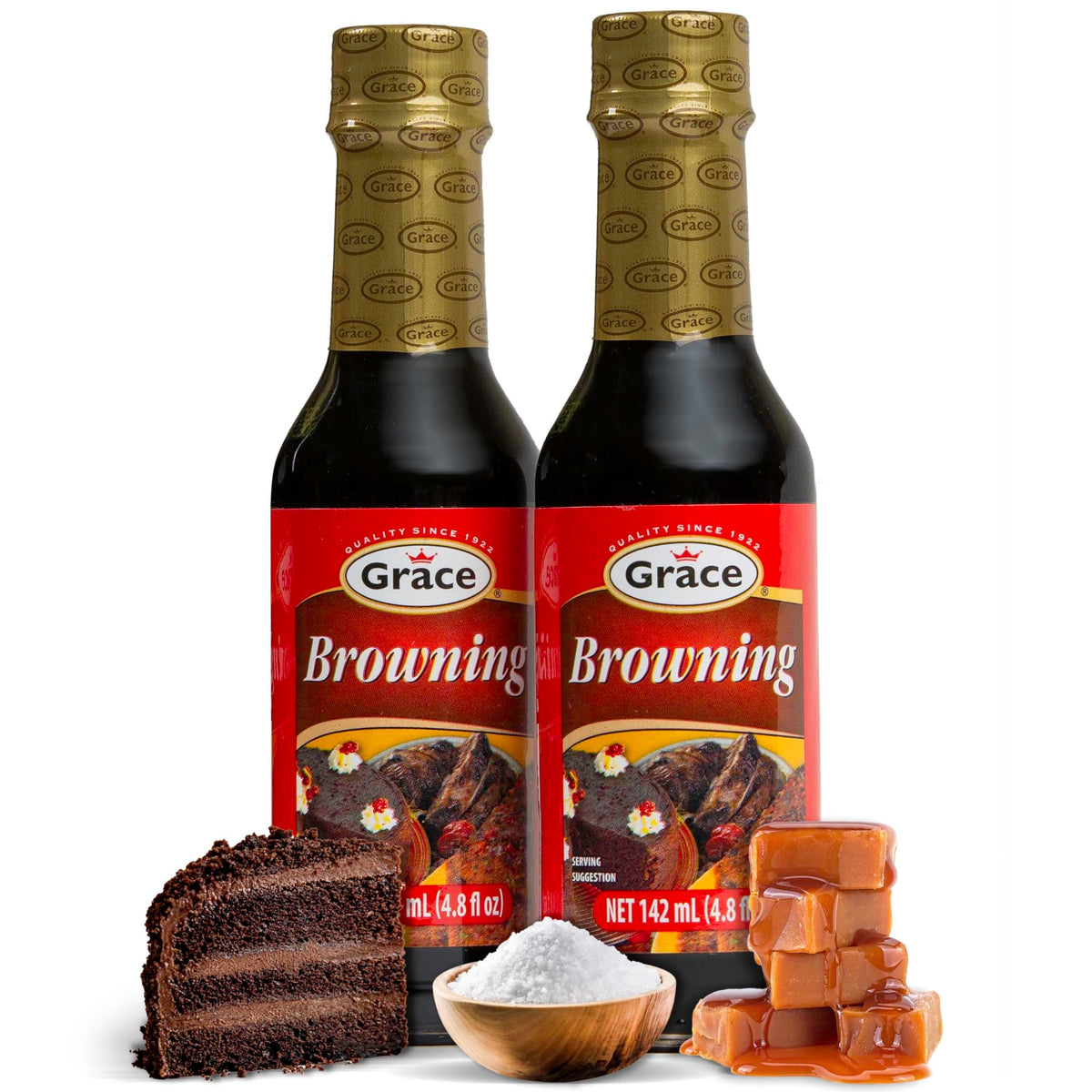 Grace Browning Sauce jar on counter highlighting versatile Jamaican seasoning for beef, gravy, and cakes.