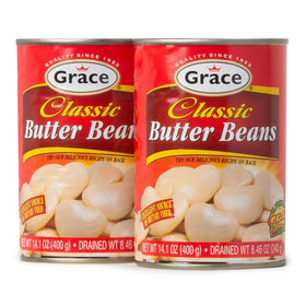 Grace Butter Beans 14oz can pack showcases convenient, protein-rich plant-based ingredient for meals.
