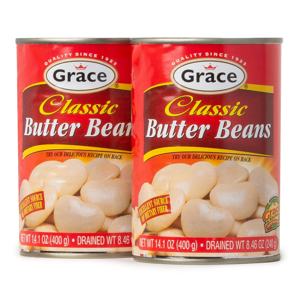 Grace Butter Beans 14oz can pack showcases convenient, protein-rich plant-based ingredient for meals.