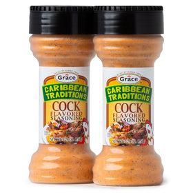 Grace Caribbean Traditions Cock Seasoning bottle pour adds bold Caribbean flavor to poultry.