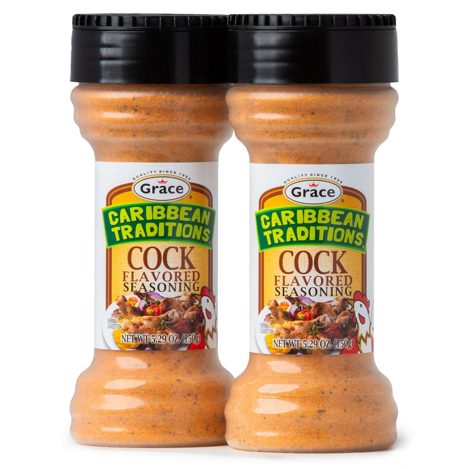 Grace Caribbean Traditions Cock Seasoning bottle pour adds bold Caribbean flavor to poultry.
