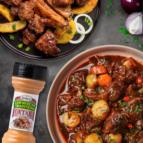 Grace Caribbean Traditions Oxtail Seasoning label close-up—authentic Jamaican spice blend.