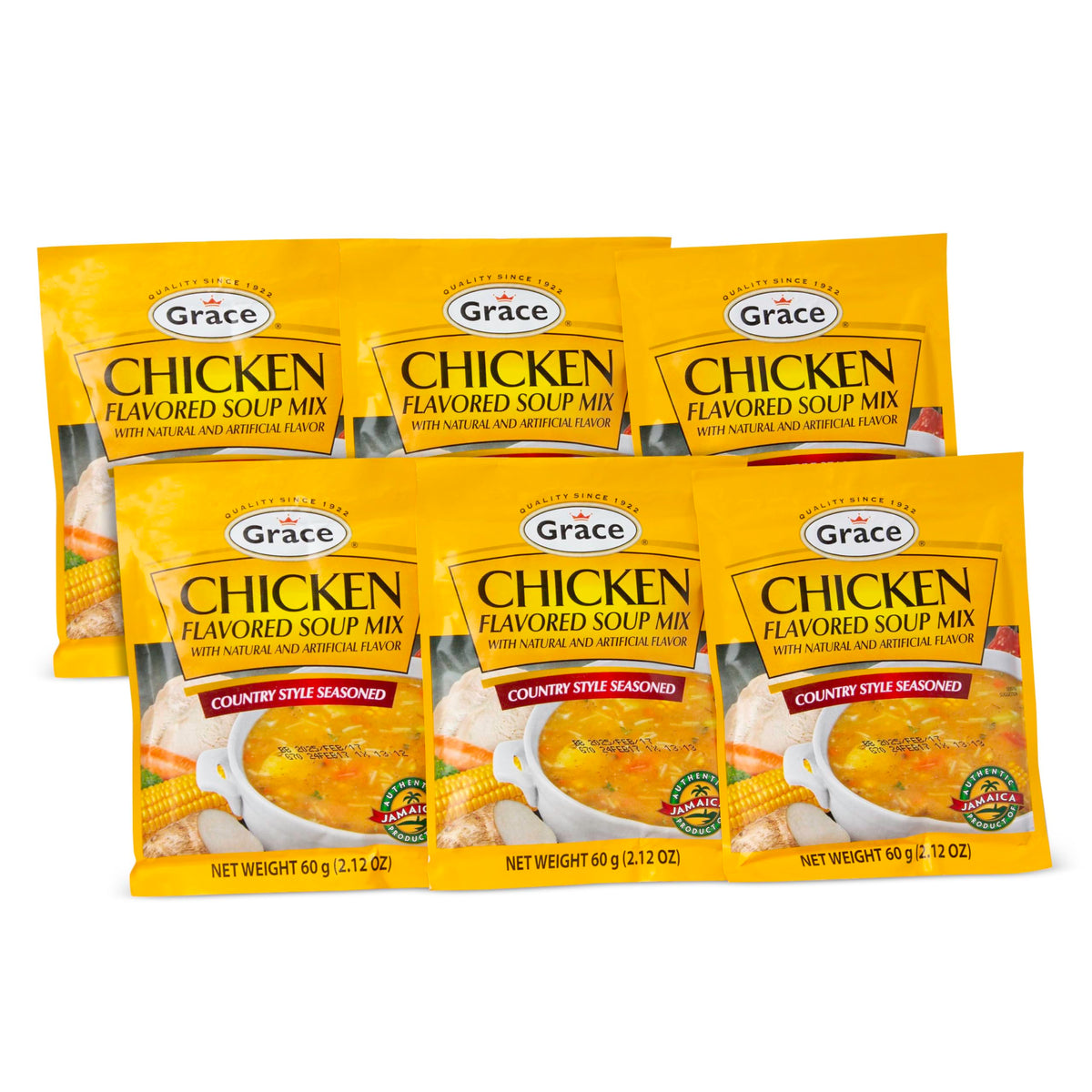 Grace chicken-flavored soup mix packaging front, showcasing Jamaican country style flavor for quick meals.