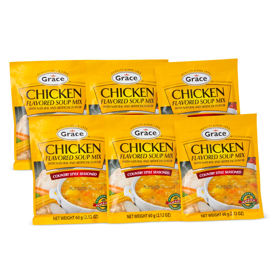 Grace chicken-flavored soup mix packaging front, showcasing Jamaican country style flavor for quick meals.