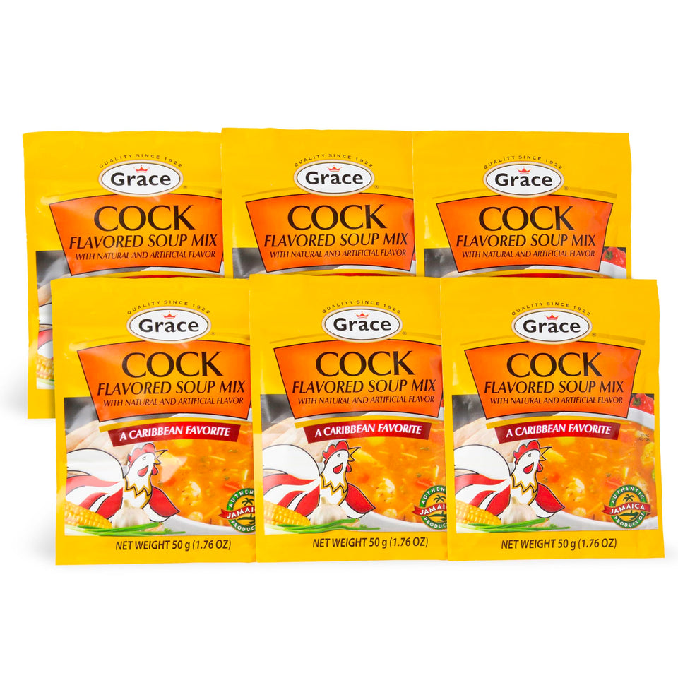 Grace Cock Flavored Soup Mix six-pack box, quick Caribbean flavor for meals.