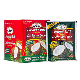 Grace coconut milk powder 12-pack display, convenient pantry staple for Caribbean cooking.